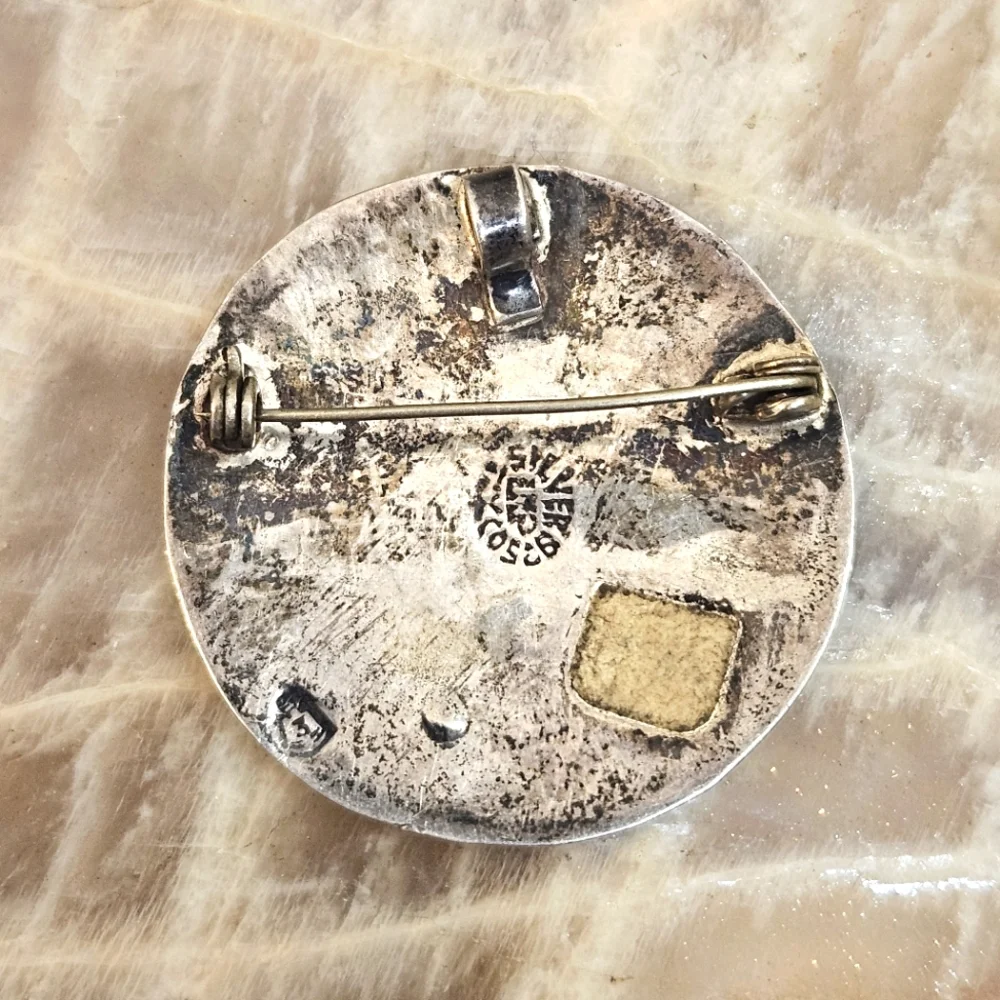 MEXICO 925 Sterling Silver Vintage Abalone Shell Pattern Brooch Pin & Pendant